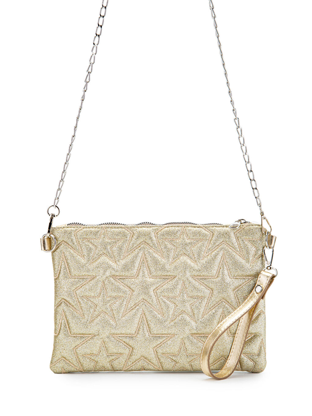 Sarı Yıldız Dikişli Clutch Star Kadın Çanta Simli Gold-2