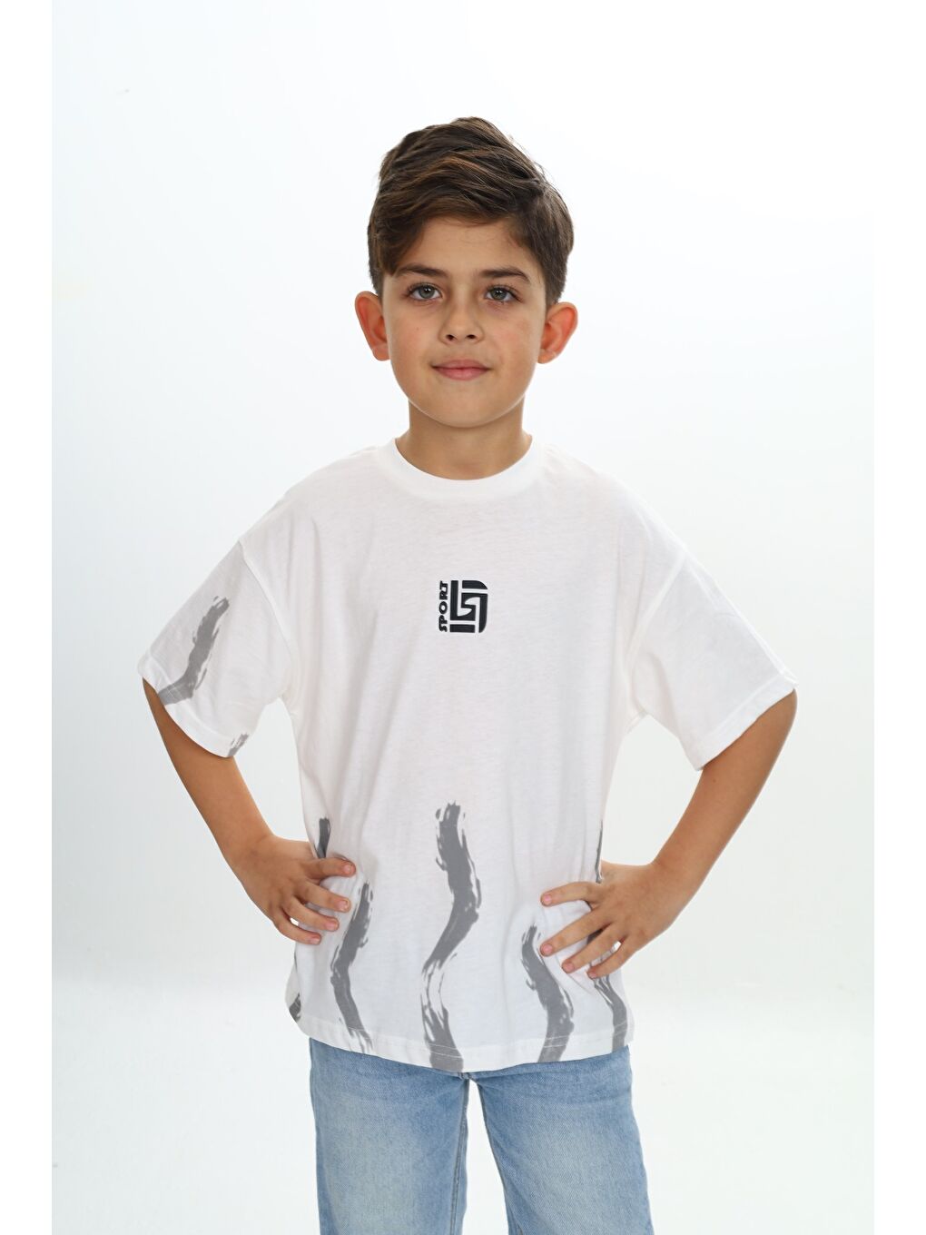 Ekru Erkek Çocuk Sport Yazılı Fırça Baskılı Tişört-3