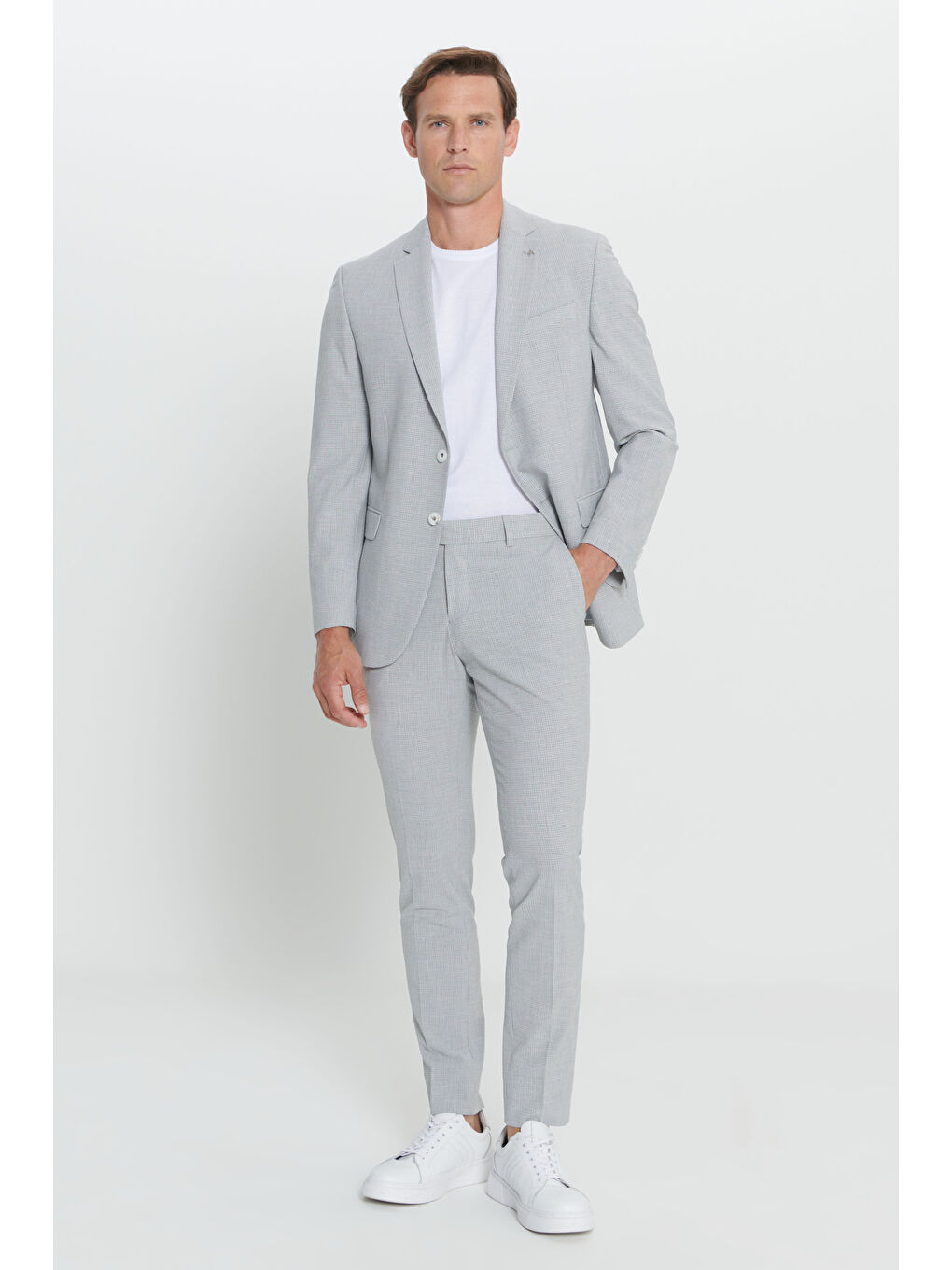 Erkek Açık Gri Slim Fit Dar Kesim Mono Yaka Gofre Desenli Takım Elbise-1