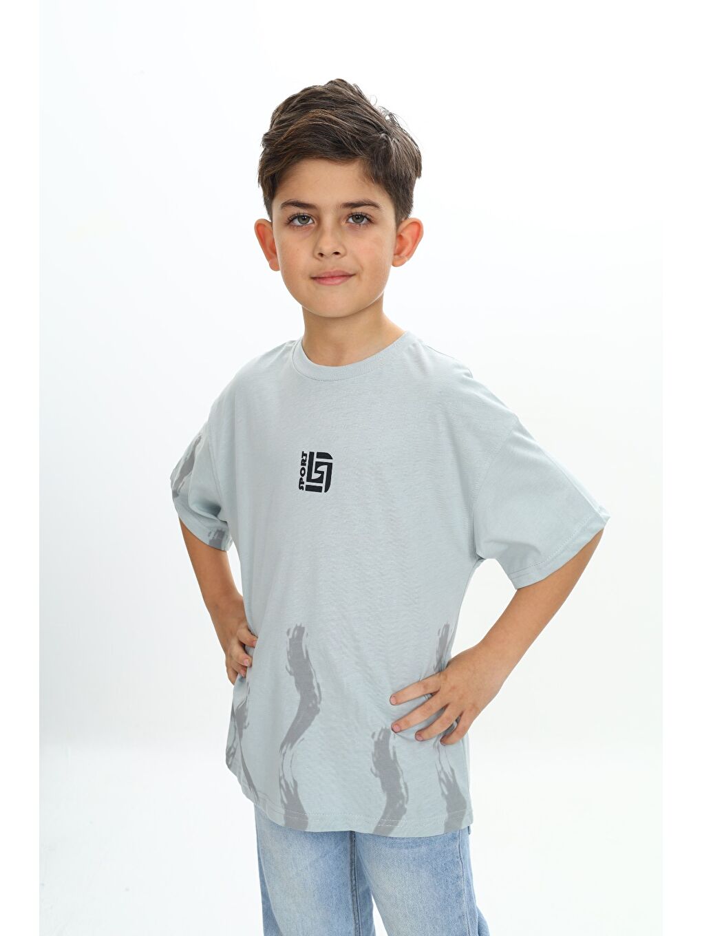 Yeşil Erkek Çocuk Sport Yazılı Fırça Baskılı Tişört-1