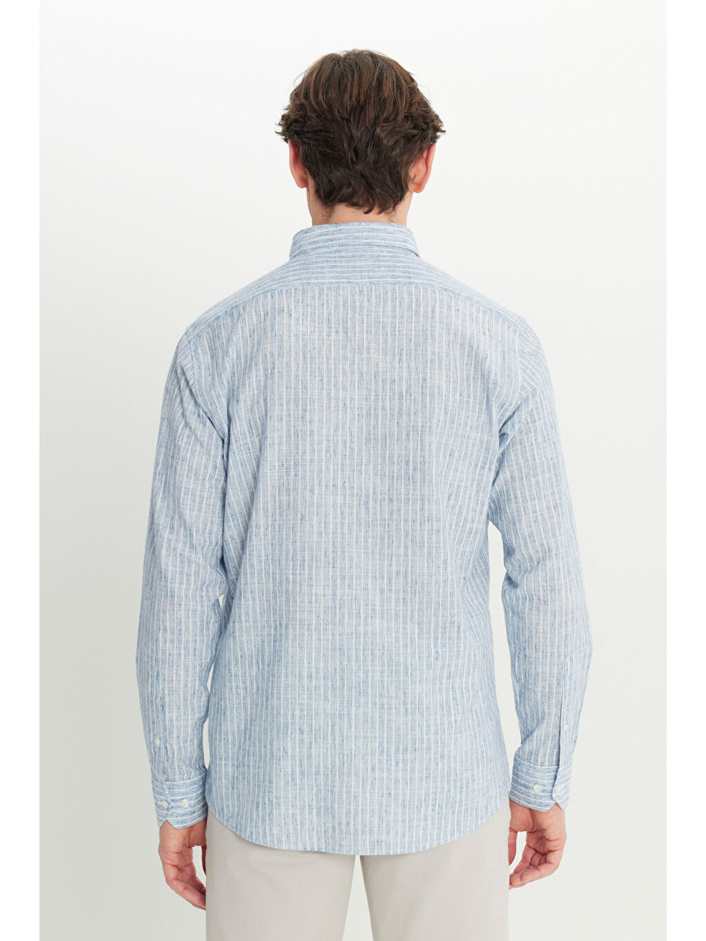 Erkek Lacivert Pamuklu Keten Comfort Fit Düğmeli Yaka Çizgili Gömlek-4