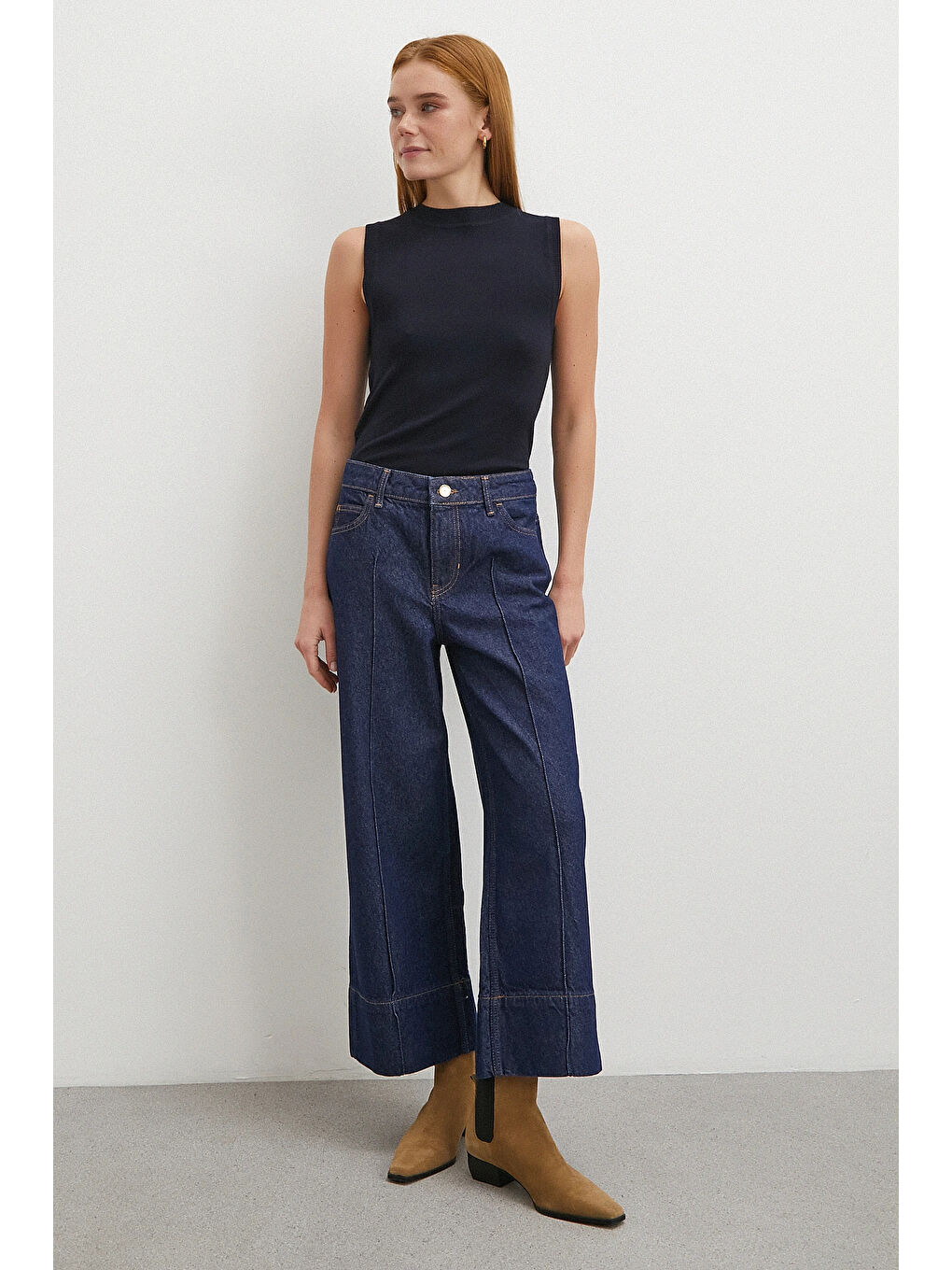 Yüksek Bel Paça Detaylı Jean Lacivert-1
