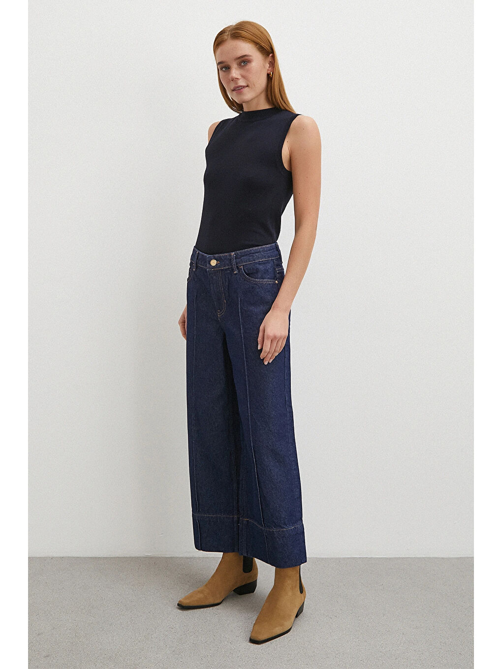 Yüksek Bel Paça Detaylı Jean Lacivert-2