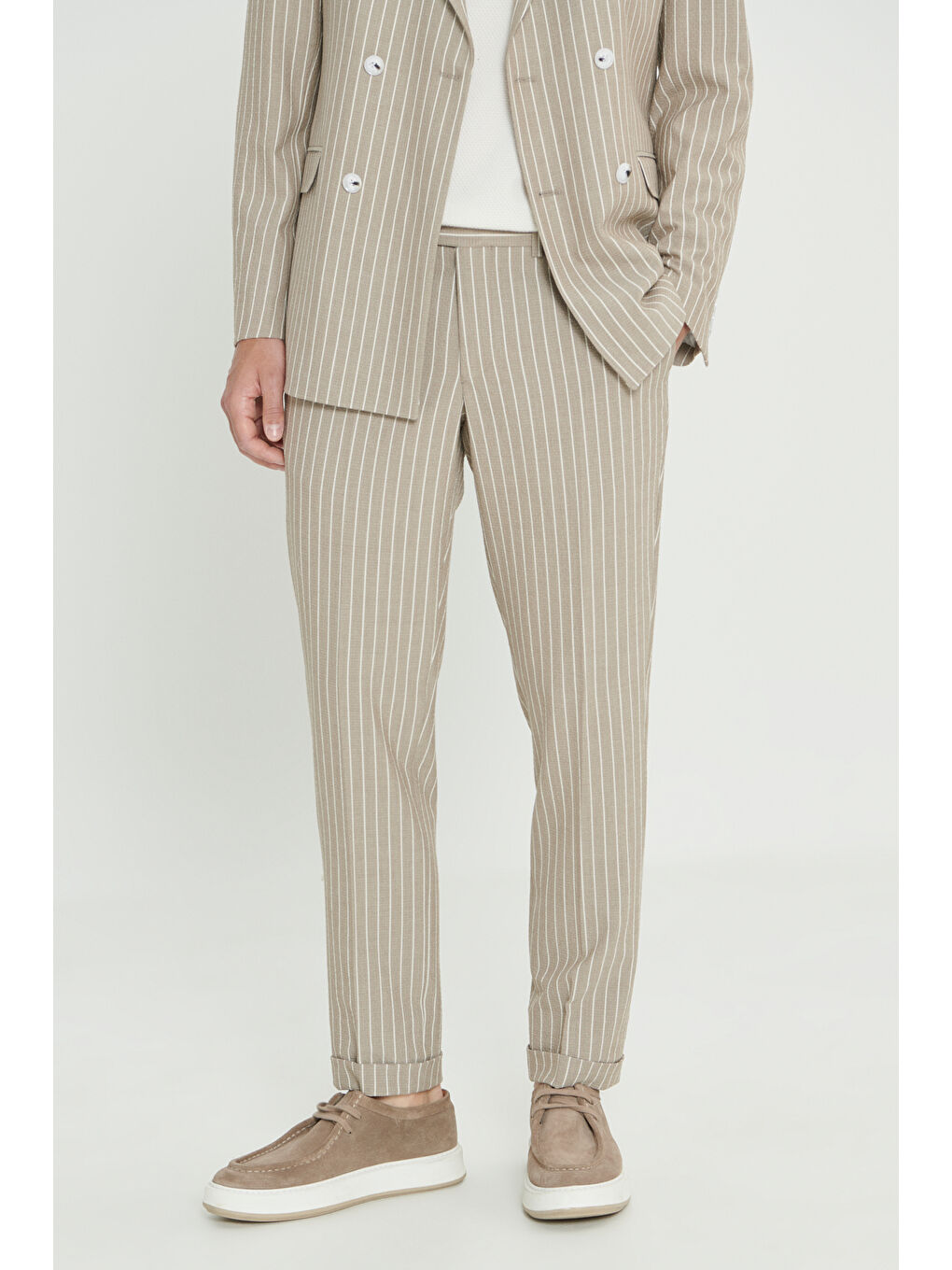 Erkek Bej-Beyaz Slim Fit Kırlangıç Yaka Gofre Desenli Kruvaze Takım Elbise-6