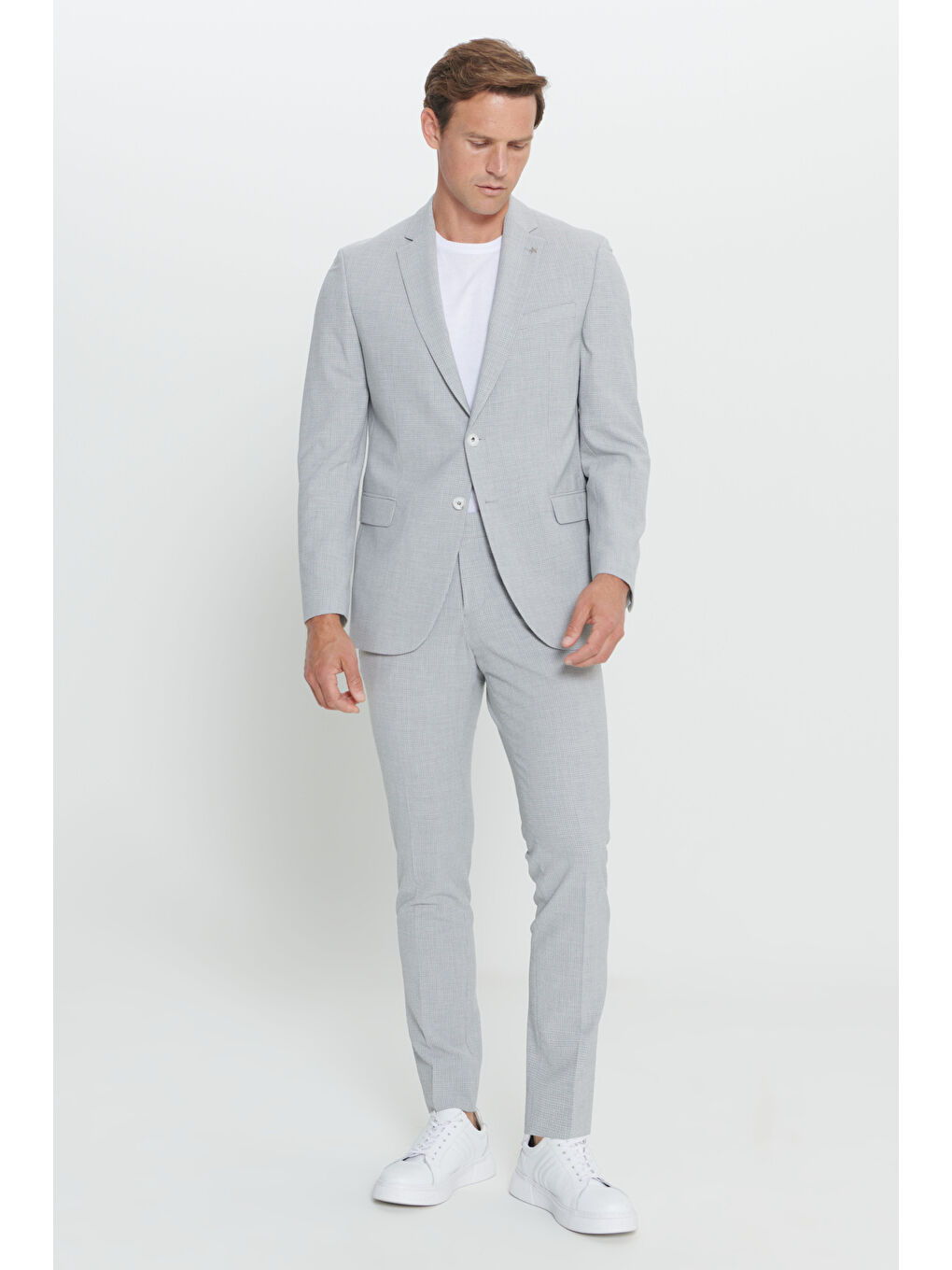 Erkek Açık Gri Slim Fit Dar Kesim Mono Yaka Gofre Desenli Takım Elbise-3