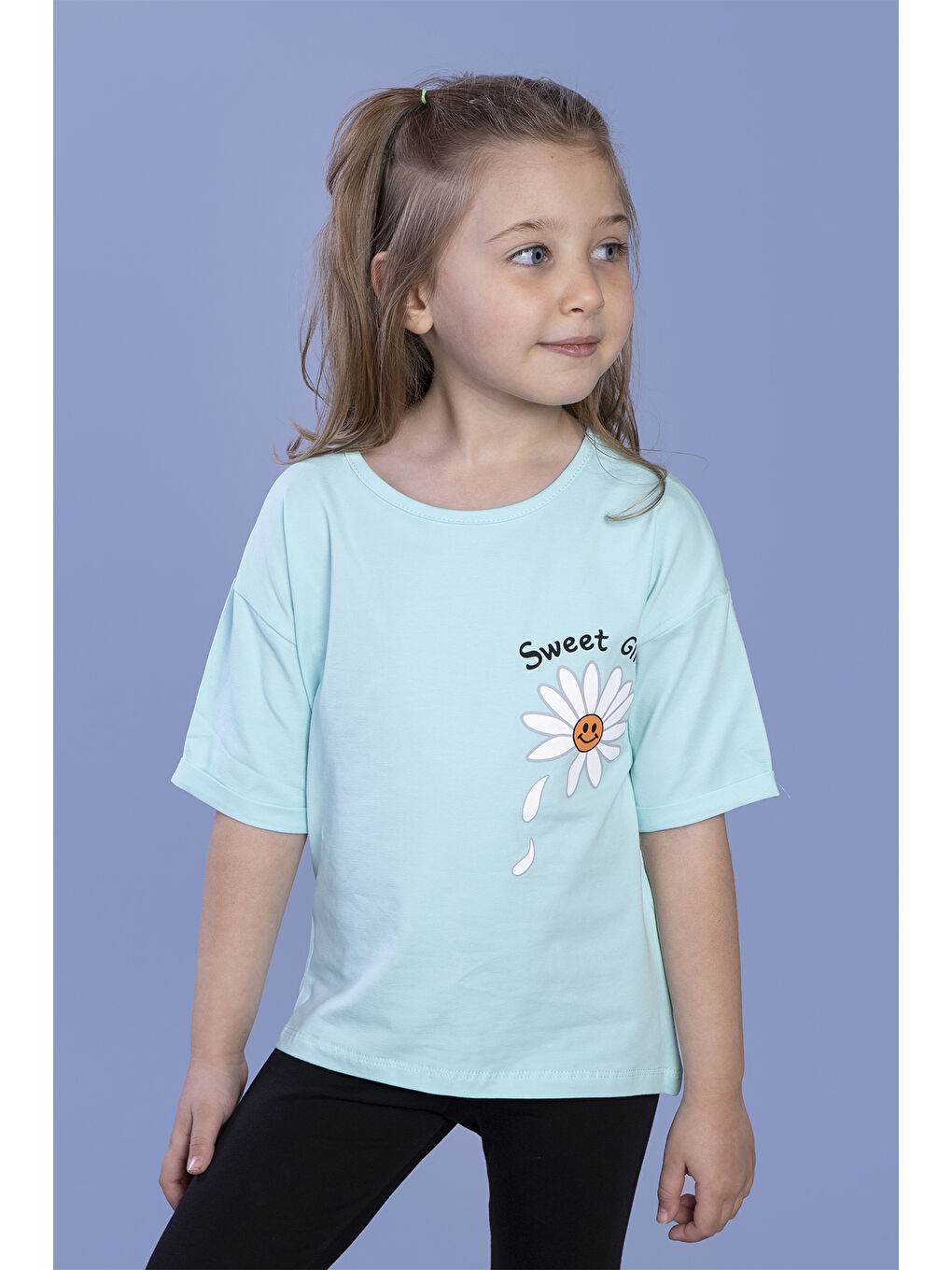 Yeşil Kız Çocuk Papatya Desenli Sweet Girls Baskılı Tişört