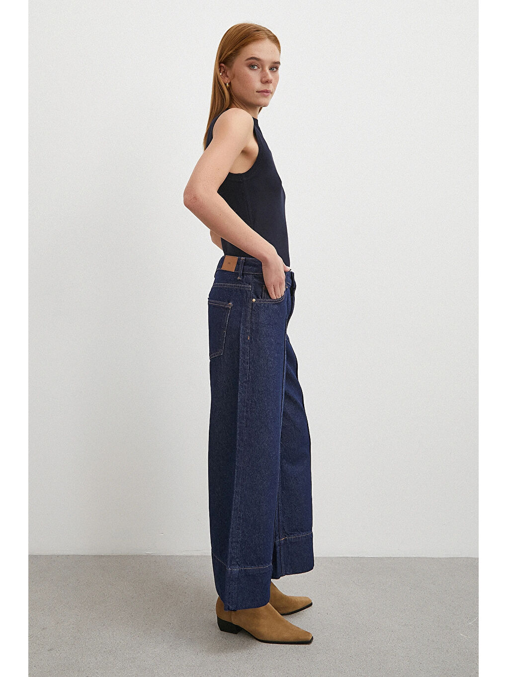 Yüksek Bel Paça Detaylı Jean Lacivert-3