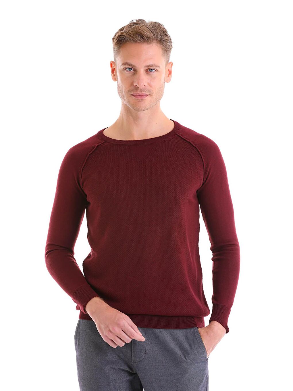 Bordo Regular Fit Desenli Bisiklet Yaka Triko Yün Kazak