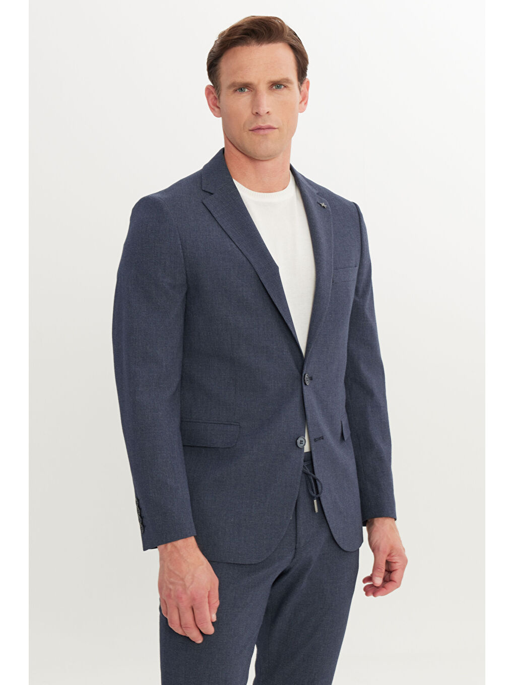 Erkek Lacivert Ekstra Slim Fit Mono Yaka Beli Bağlamalı Takım Elbise