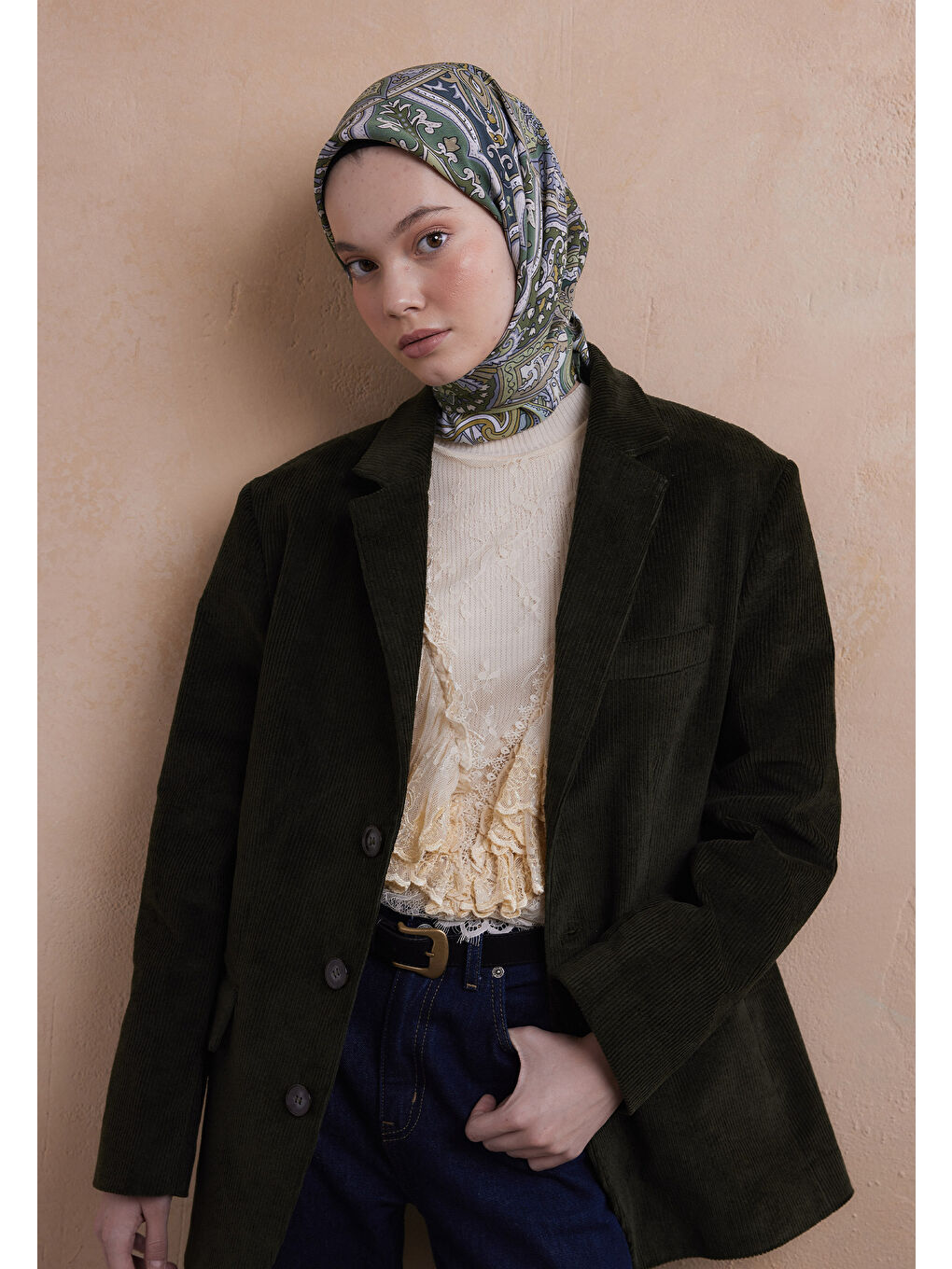 Etnıc Floral Desen Pamuk İpek Eşarp Soft Yeşil