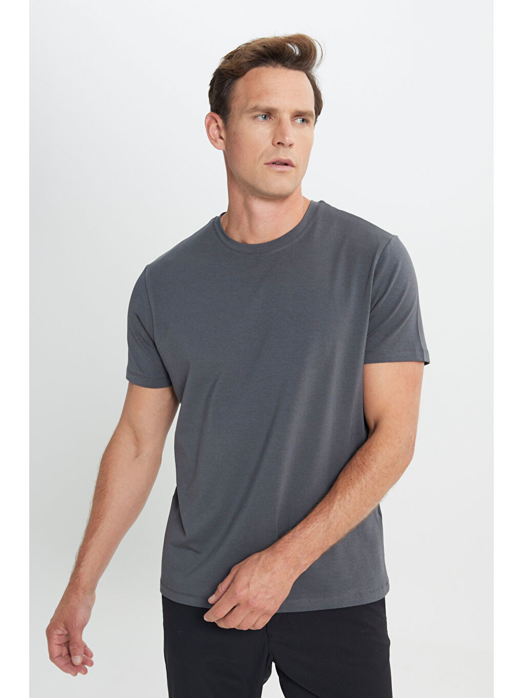Erkek Antrasit Standart Fit Normal Kesim Bisiklet Yaka Pamuklu Tişört