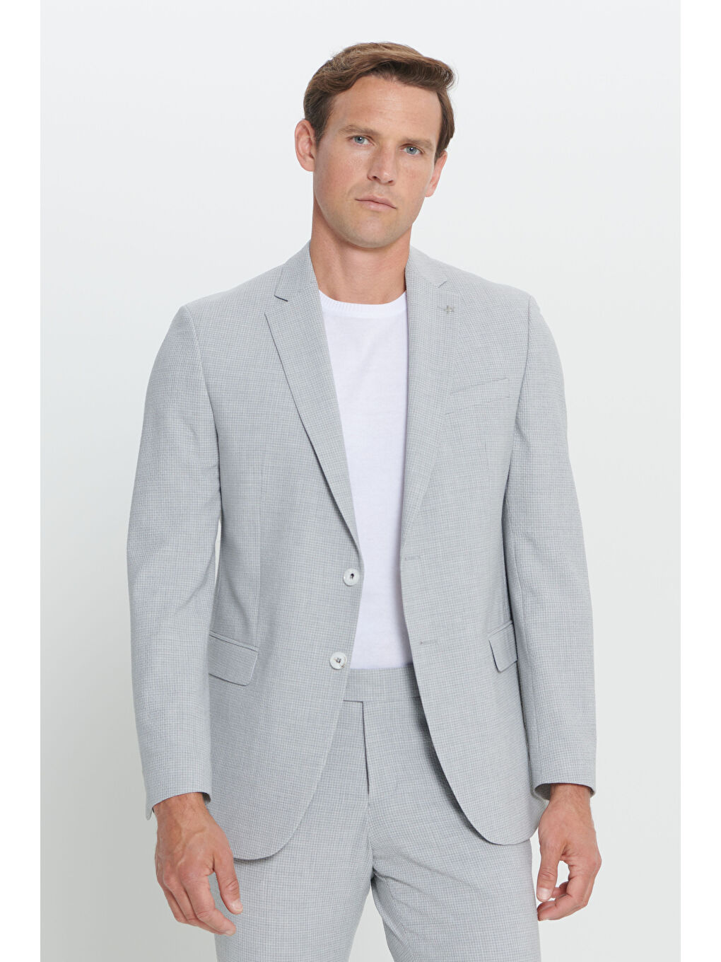 Erkek Açık Gri Slim Fit Dar Kesim Mono Yaka Gofre Desenli Takım Elbise-4