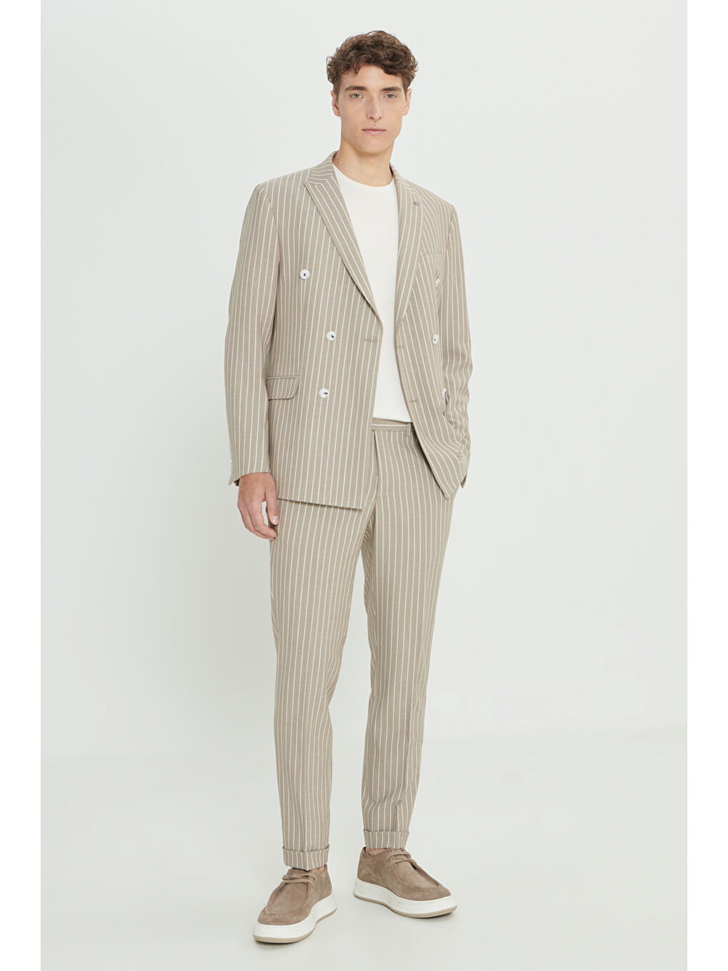 Erkek Bej-Beyaz Slim Fit Kırlangıç Yaka Gofre Desenli Kruvaze Takım Elbise-7