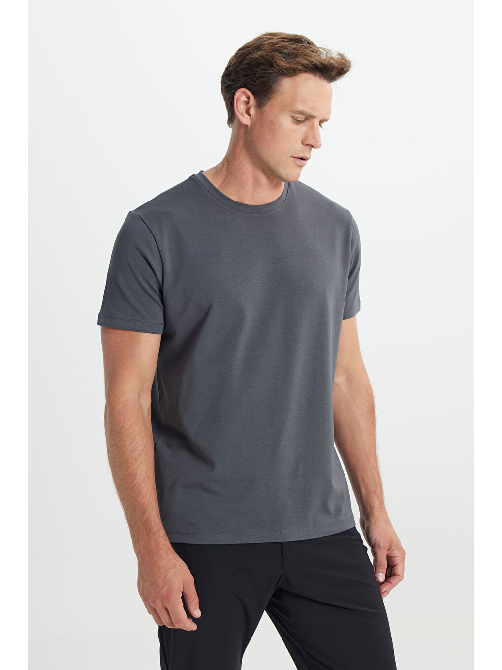 Erkek Antrasit Standart Fit Normal Kesim Bisiklet Yaka Pamuklu Tişört-2