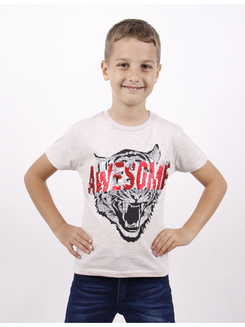 Bej Erkek Çocuk Awesome Pul Nakışlı T-Shirt