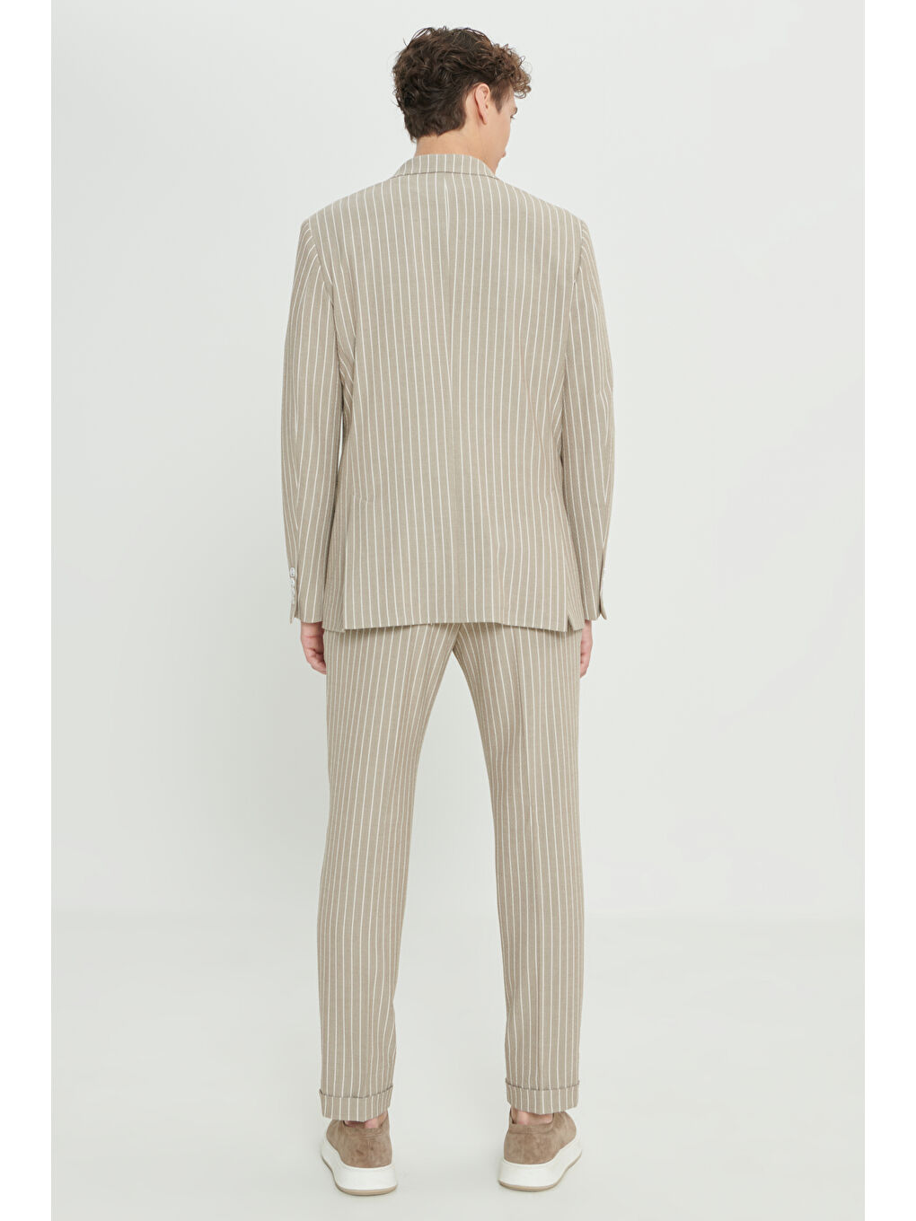 Erkek Bej-Beyaz Slim Fit Kırlangıç Yaka Gofre Desenli Kruvaze Takım Elbise-8