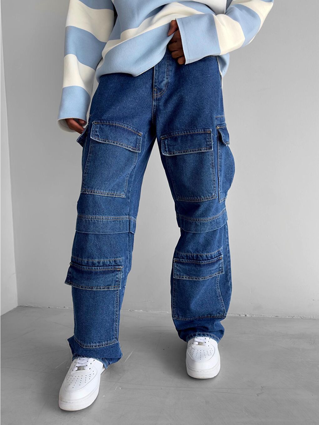 Erkek Baggy Fit Kargo Jean Pantolon Mavi
