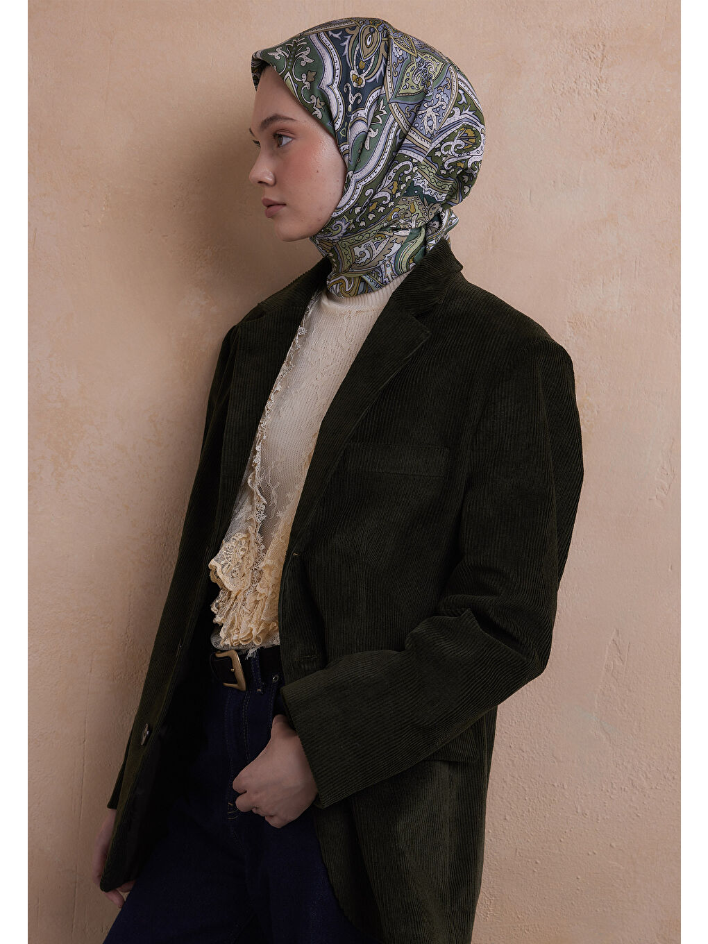 Etnıc Floral Desen Pamuk İpek Eşarp Soft Yeşil-2