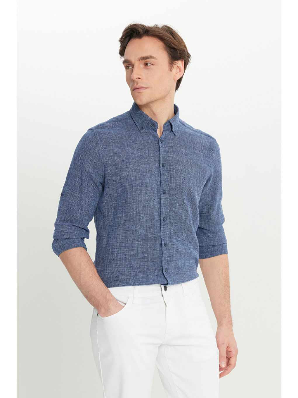 Erkek Lacivert %100 Pamuk Flamlı Slim Fit Dar Kesim Düğmeli Yaka Armürlü Gömlek