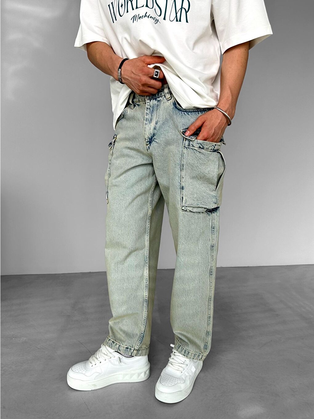 ablukaonline Baggy Fit Mavi Eskitme Kargo Jean Pantolon Duman Mavi