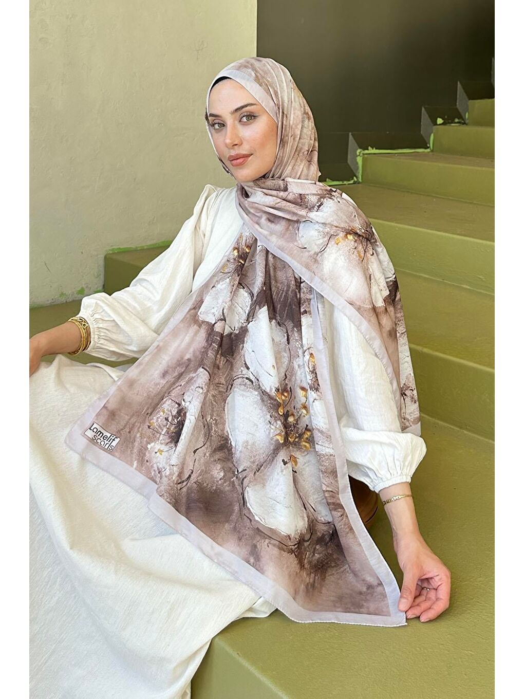 Bej Bohem Çiçek Desen Soft Şal Vizonrengi-1