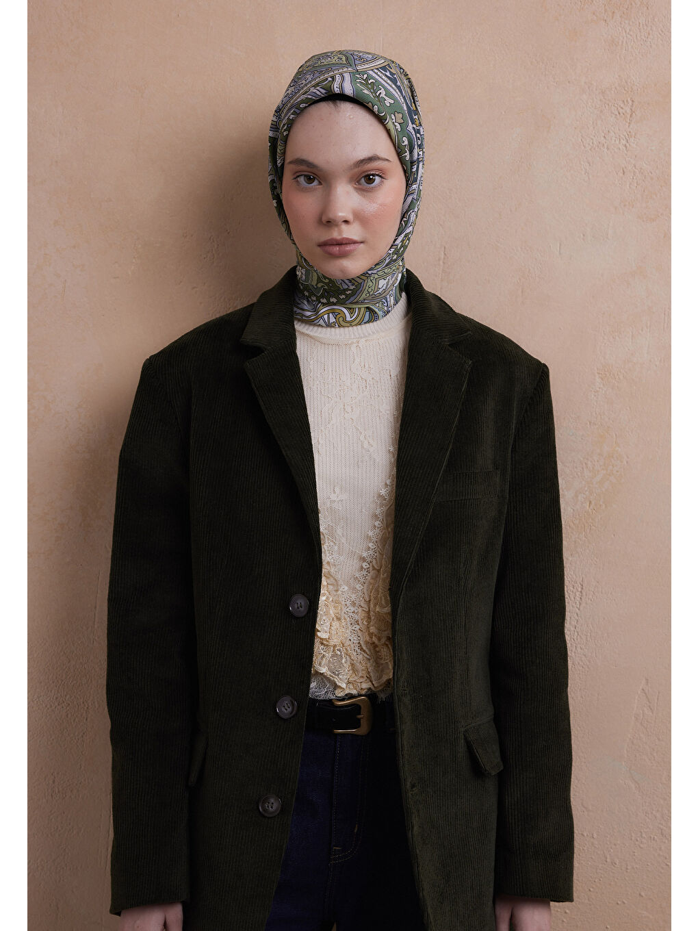 Etnıc Floral Desen Pamuk İpek Eşarp Soft Yeşil-3