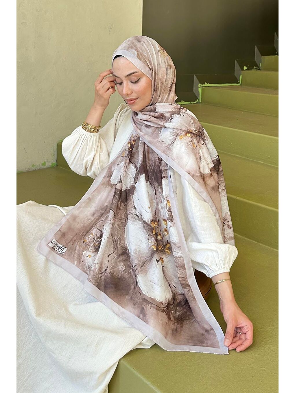 Bej Bohem Çiçek Desen Soft Şal Vizonrengi-2