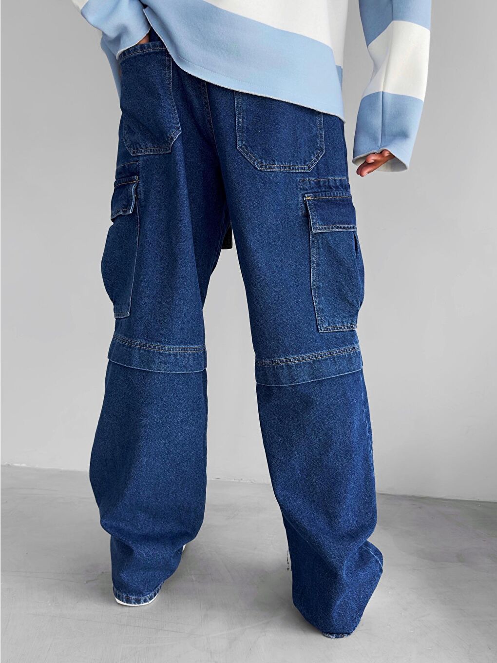 Erkek Baggy Fit Kargo Jean Pantolon Mavi-1