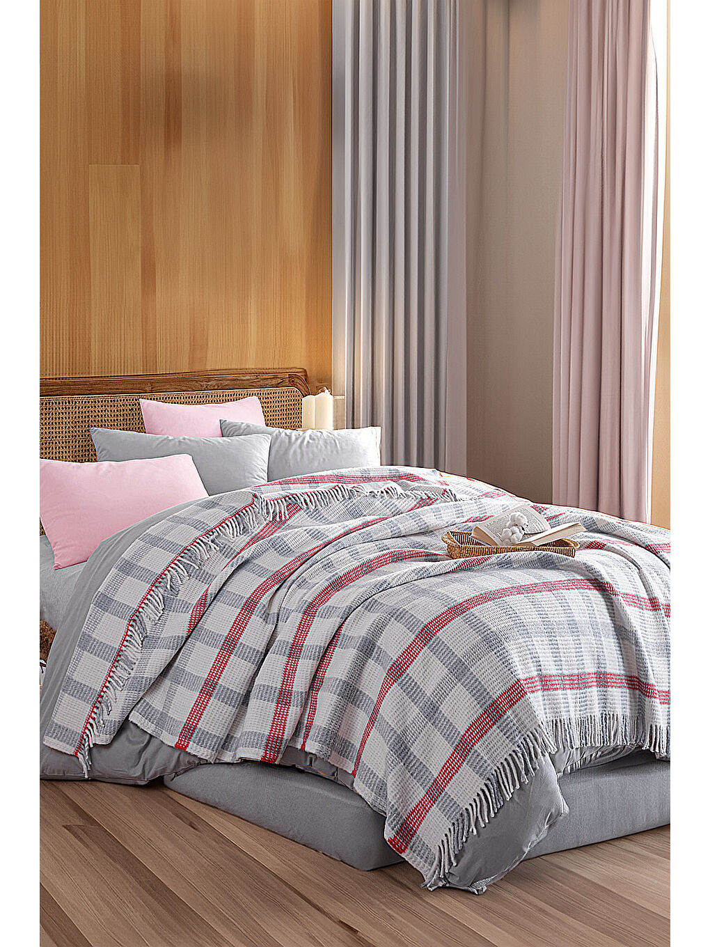 Battaniye Pamuklu Çift Kişilik Warm Soft Gri-Kırmızı-1