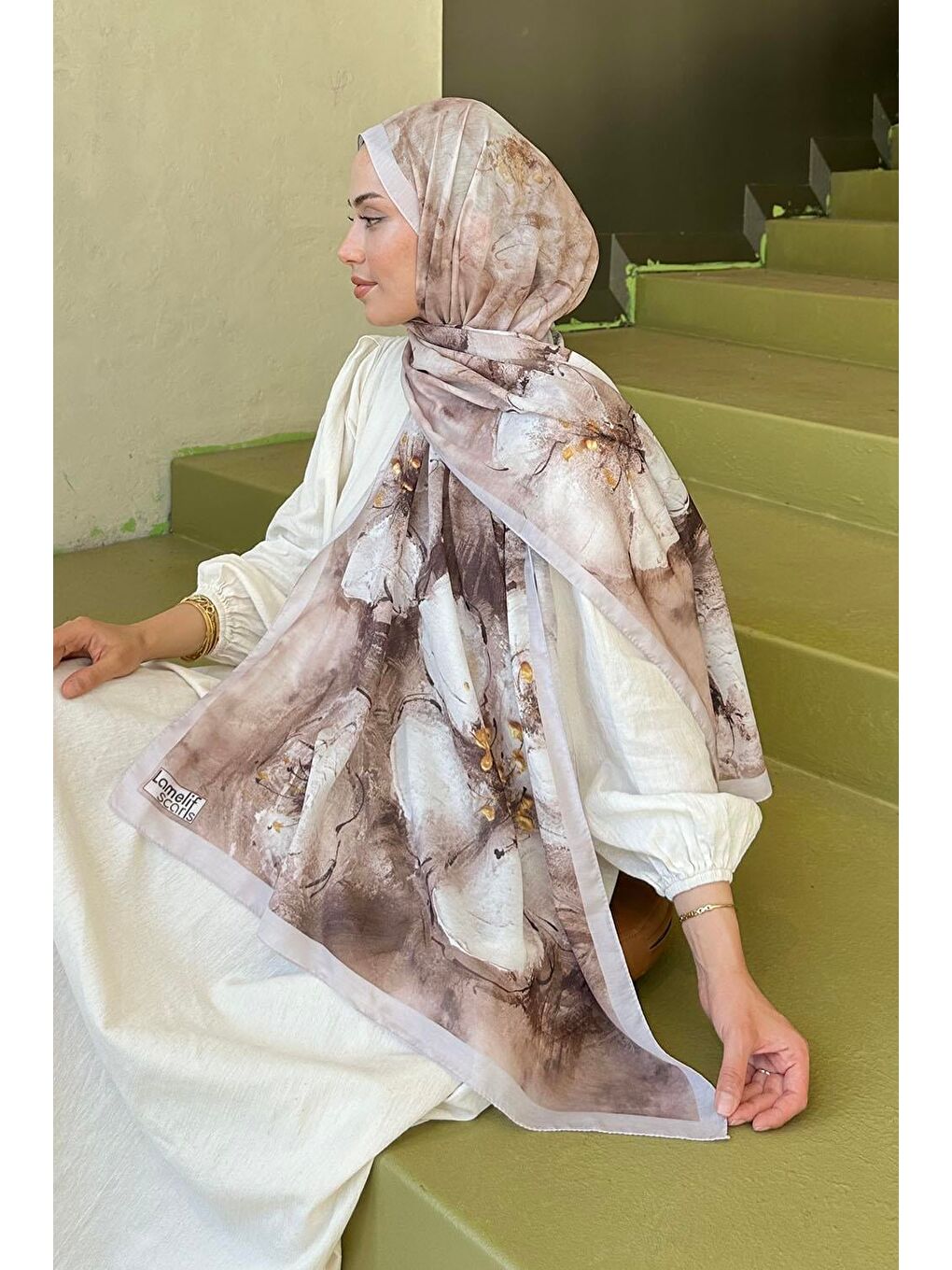 Bej Bohem Çiçek Desen Soft Şal Vizonrengi-3