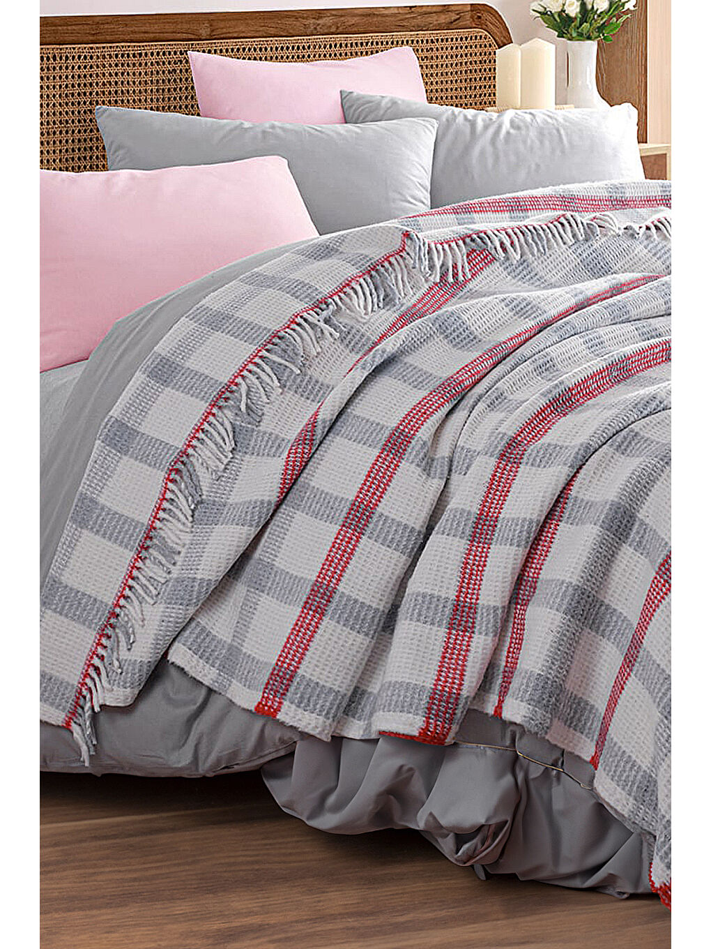 Battaniye Pamuklu Çift Kişilik Warm Soft Gri-Kırmızı-2