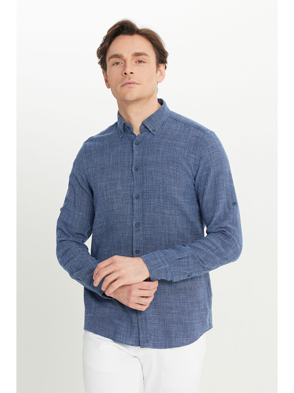 Erkek Lacivert %100 Pamuk Flamlı Slim Fit Dar Kesim Düğmeli Yaka Armürlü Gömlek-2