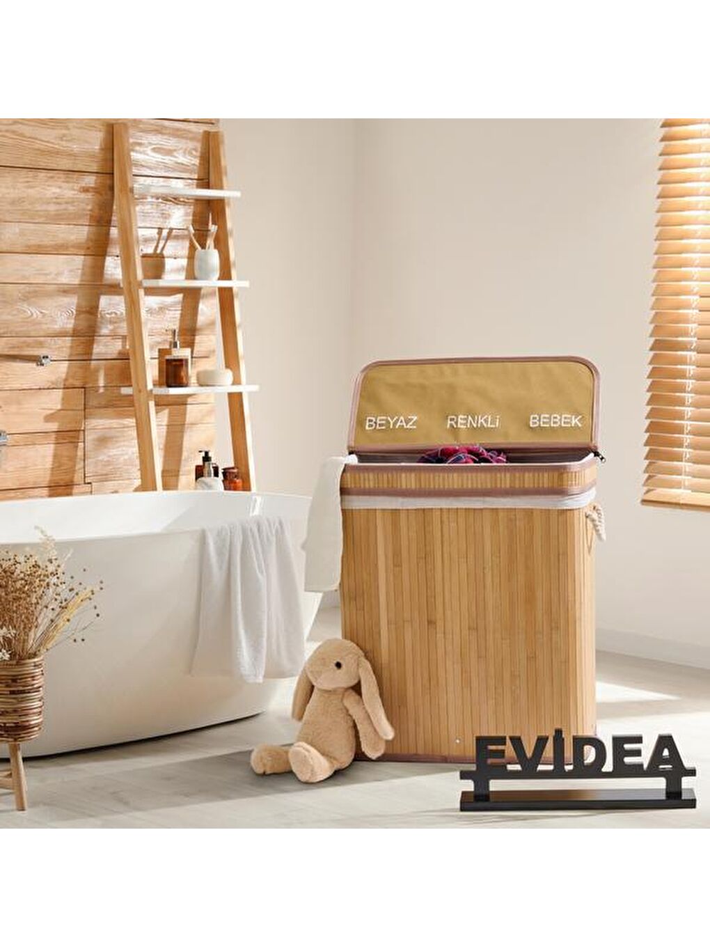 Renksiz Bambu Üç Hazneli Katlanır Çamaşır Sepeti - Natürel