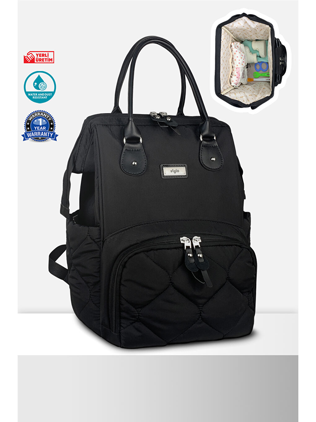 Victoria Kapitone Anne Bebek Bakım Sırt Çantası Siyah