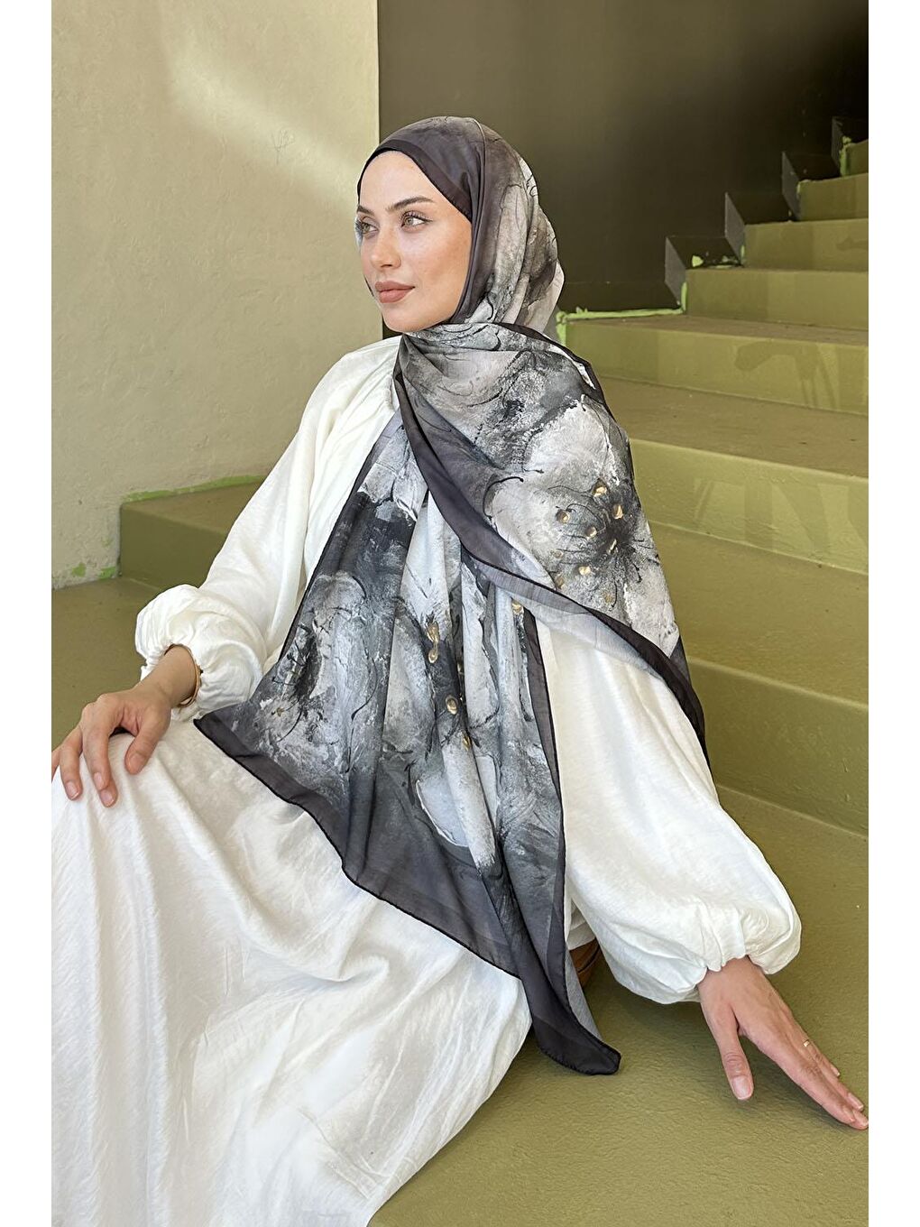 Bohem Çiçek Desen Soft Şal Siyah Kahverengi-3