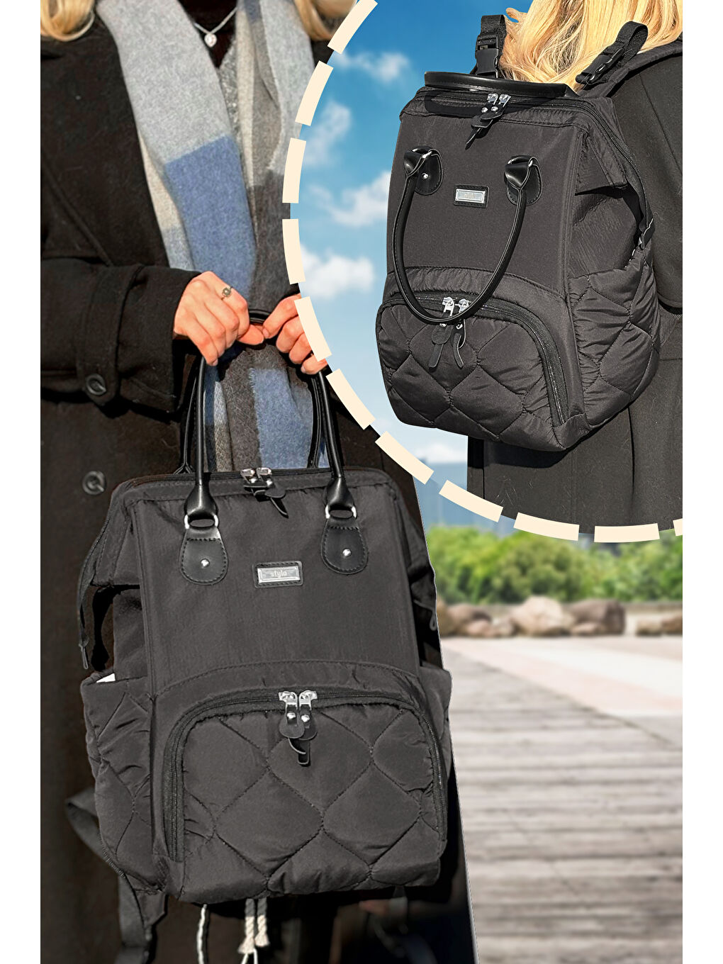 Victoria Kapitone Anne Bebek Bakım Sırt Çantası Siyah-3