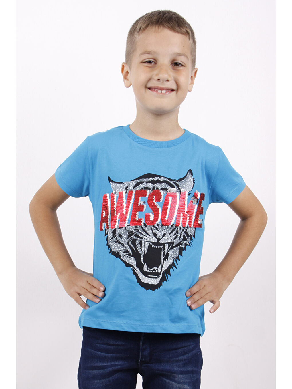 Turkuaz Erkek Çocuk Awesome Pul Nakışlı T-Shirt