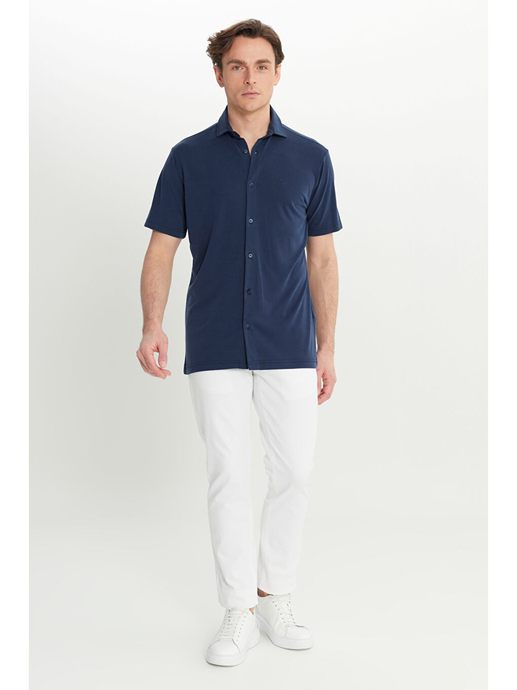 Erkek Lacivert Yumuşak Dokulu Rahat Kesim Klasik Yaka Örme Gömlek-1