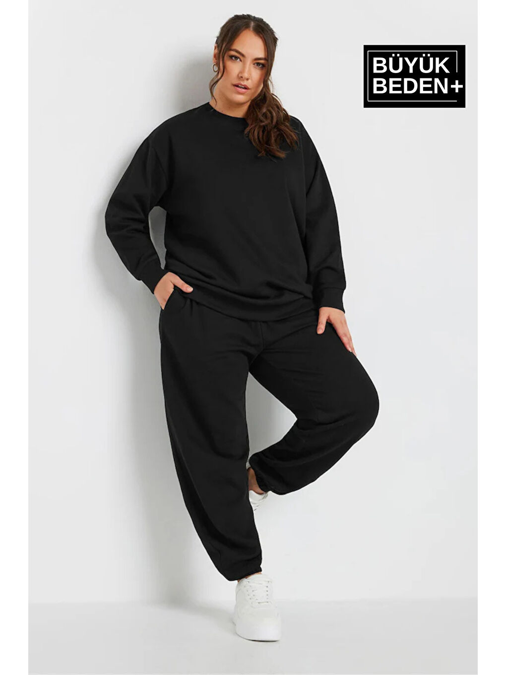 Süperlife Siyah Kadın Büyük Beden Bisiklet Yaka Sweatshirt SPR24BSWK56