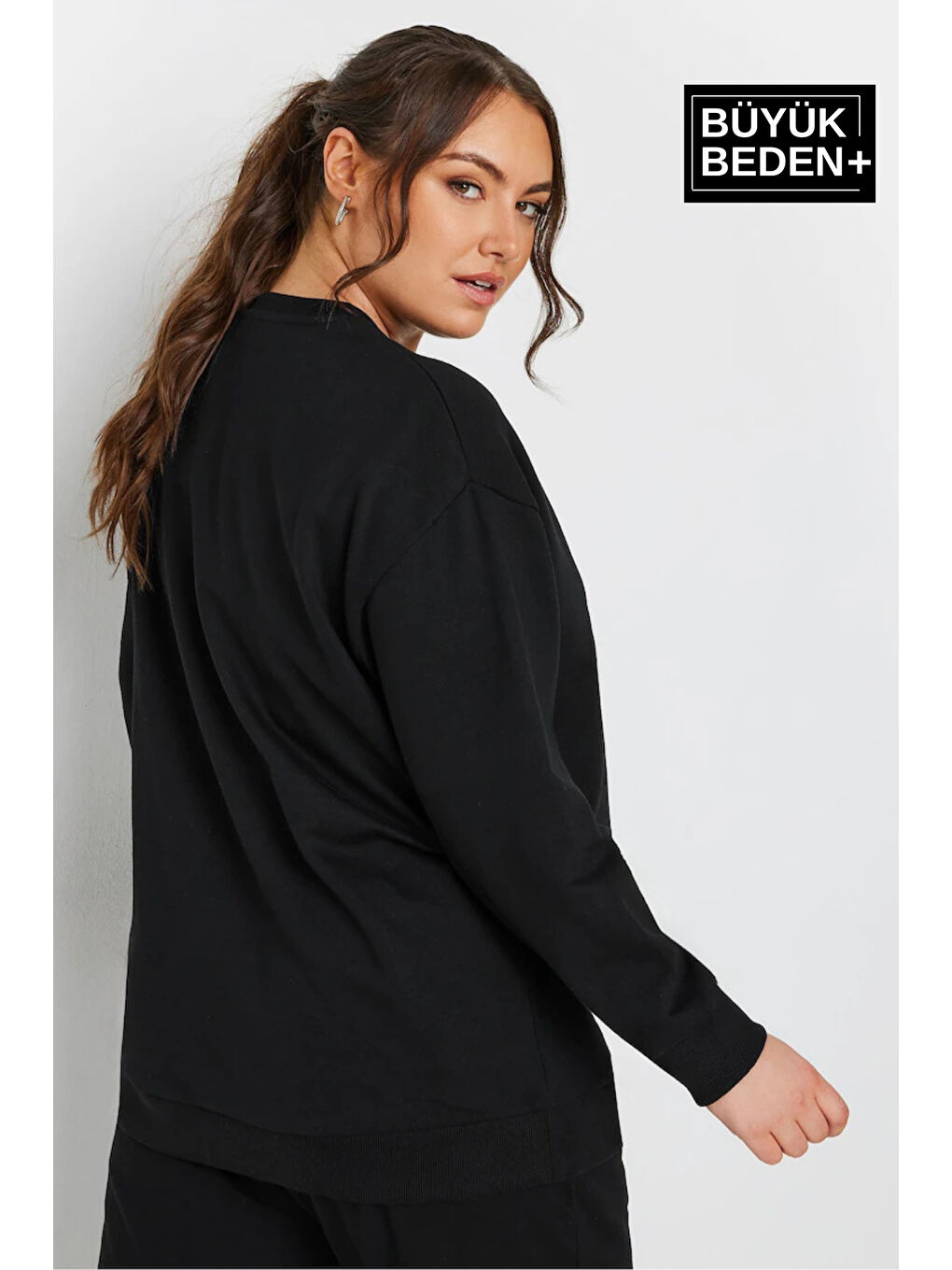 Süperlife Siyah Kadın Büyük Beden Bisiklet Yaka Sweatshirt SPR24BSWK56 - 1