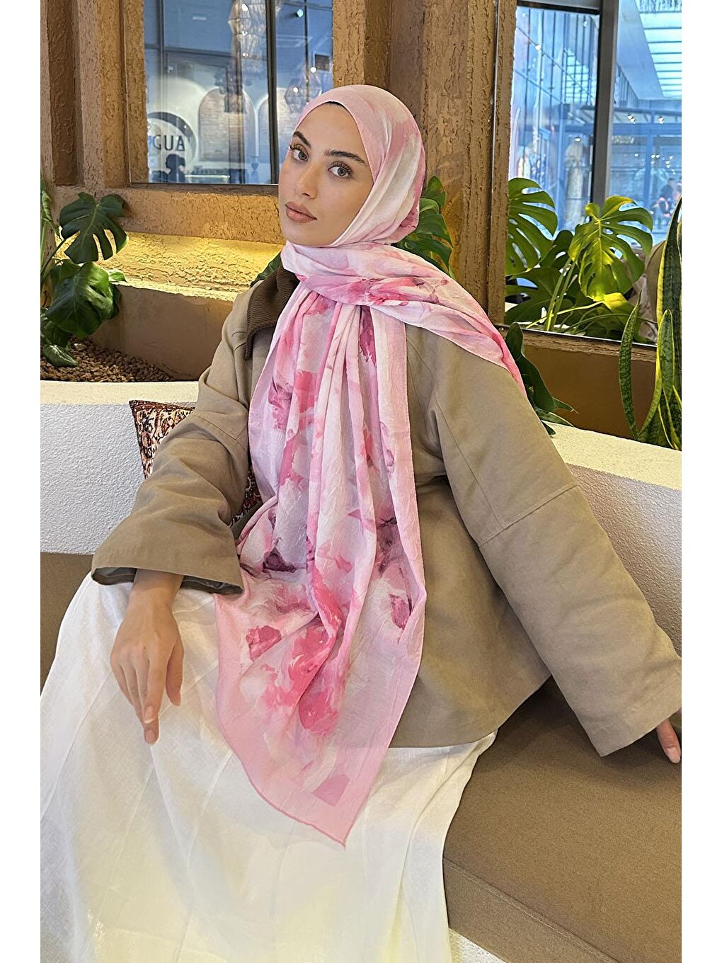 Gül Desen Bambu Şal Şeker Pembesi