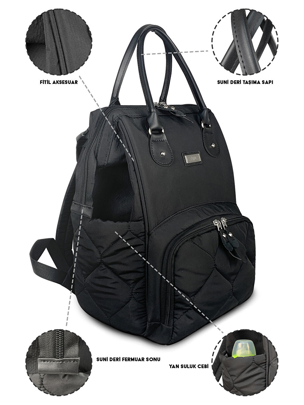 Victoria Kapitone Anne Bebek Bakım Sırt Çantası Siyah-7
