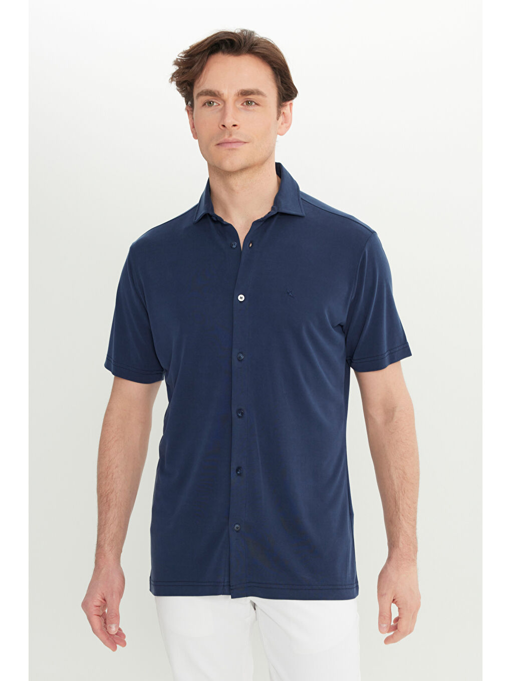 Erkek Lacivert Yumuşak Dokulu Rahat Kesim Klasik Yaka Örme Gömlek-2