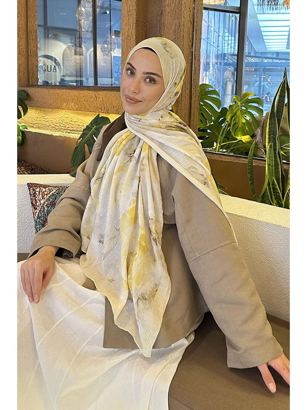 Gül Desen Bambu Şal Sarı-1