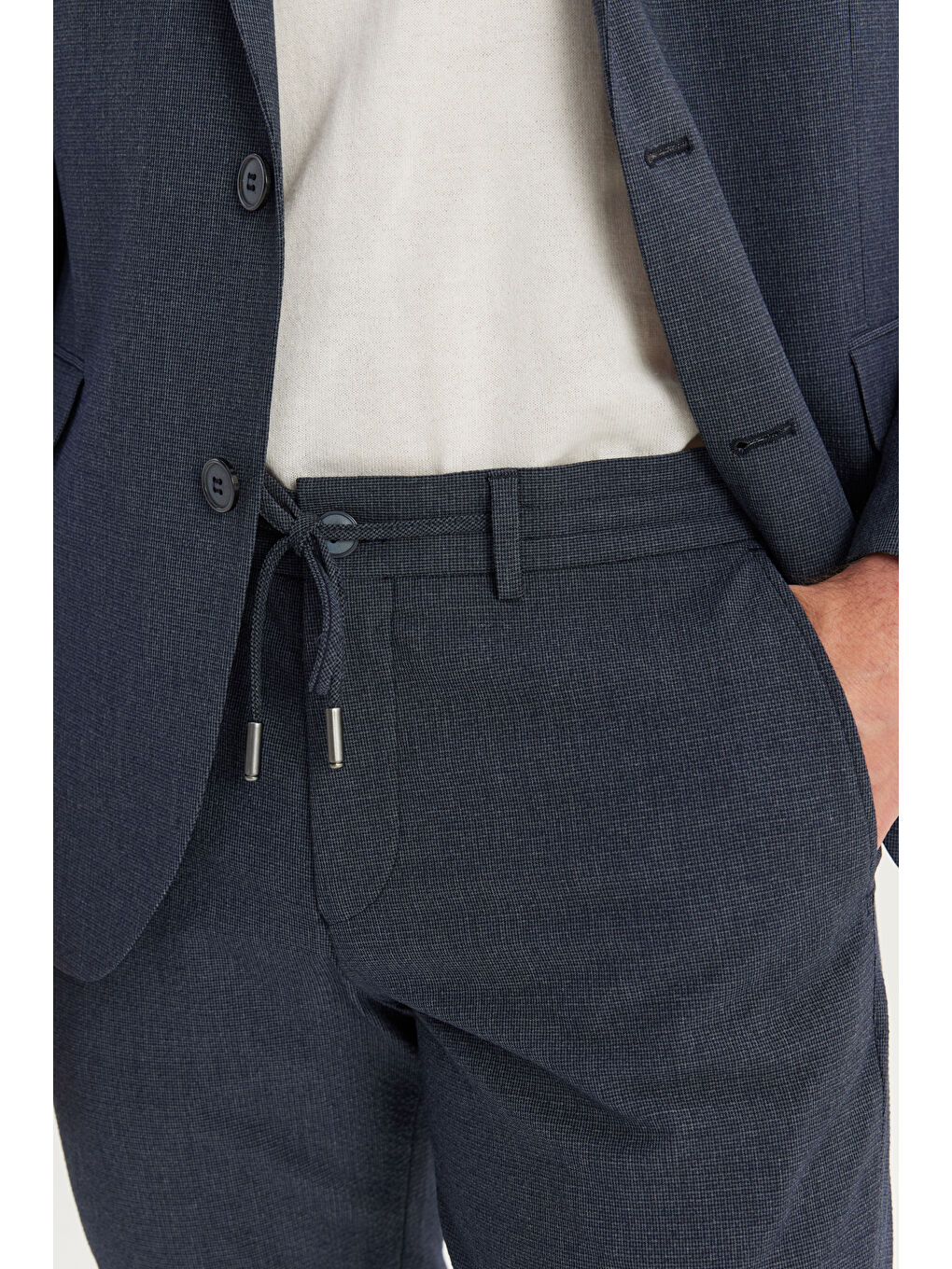 Erkek Lacivert Ekstra Slim Fit Mono Yaka Beli Bağlamalı Takım Elbise-6