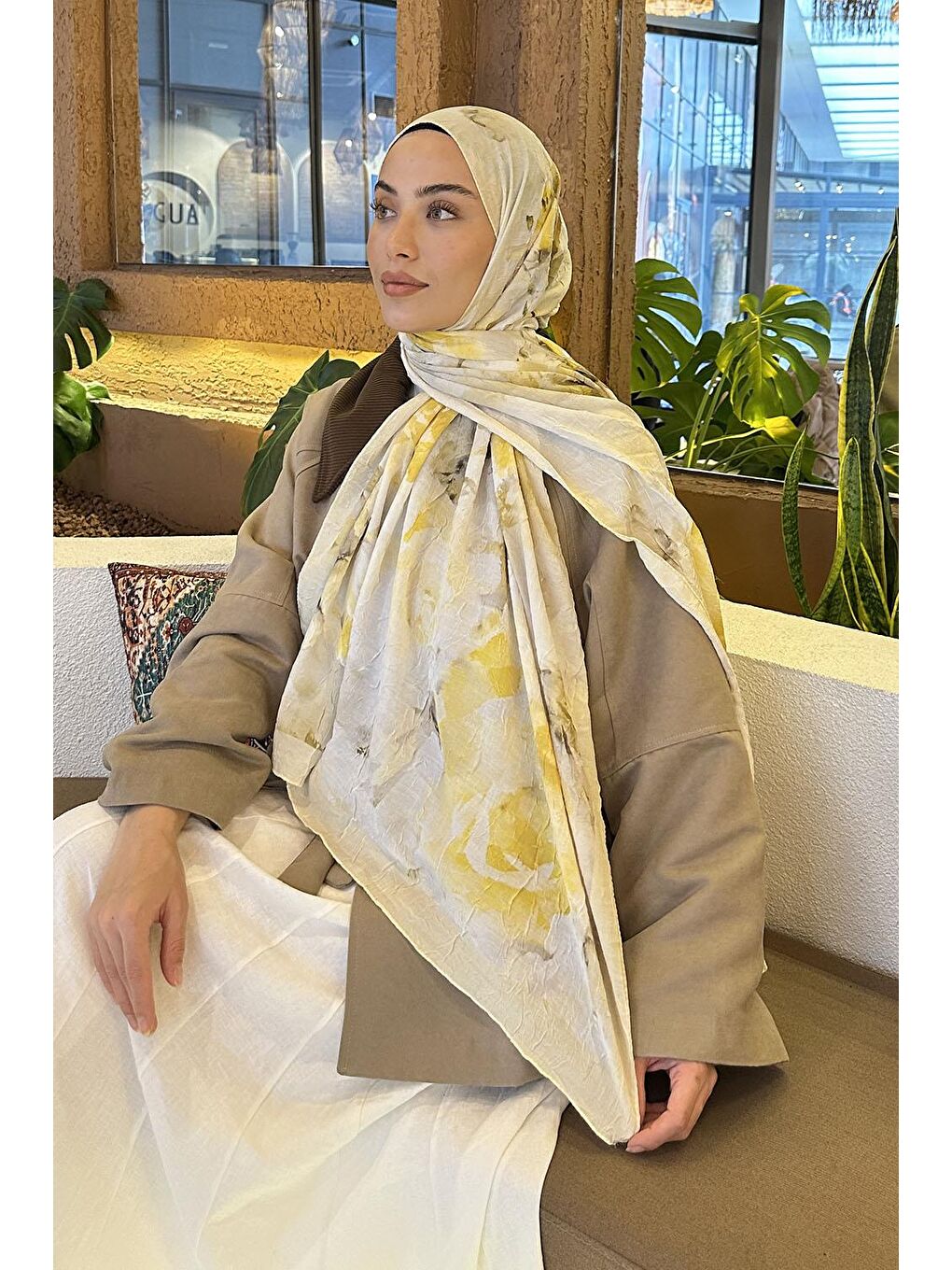 Gül Desen Bambu Şal Sarı-2