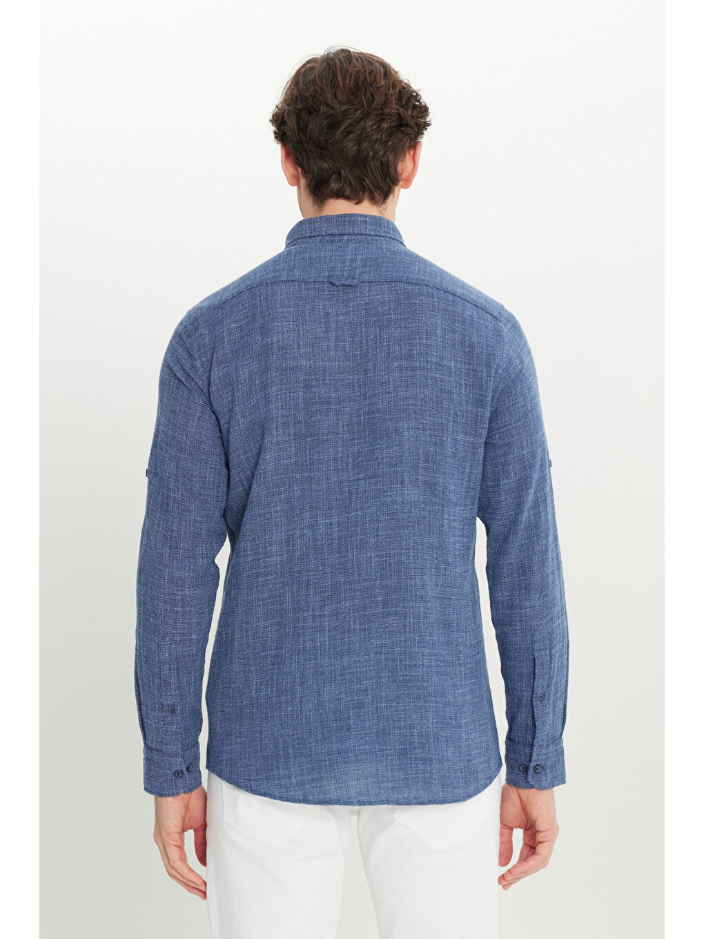 Erkek Lacivert %100 Pamuk Flamlı Slim Fit Dar Kesim Düğmeli Yaka Armürlü Gömlek-4