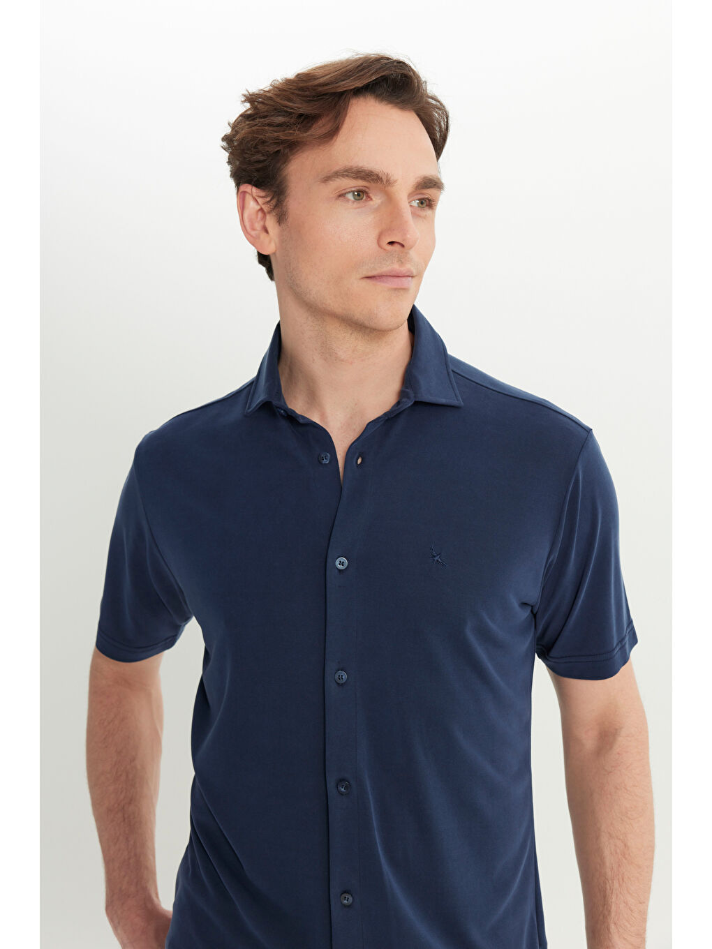 Erkek Lacivert Yumuşak Dokulu Rahat Kesim Klasik Yaka Örme Gömlek-3