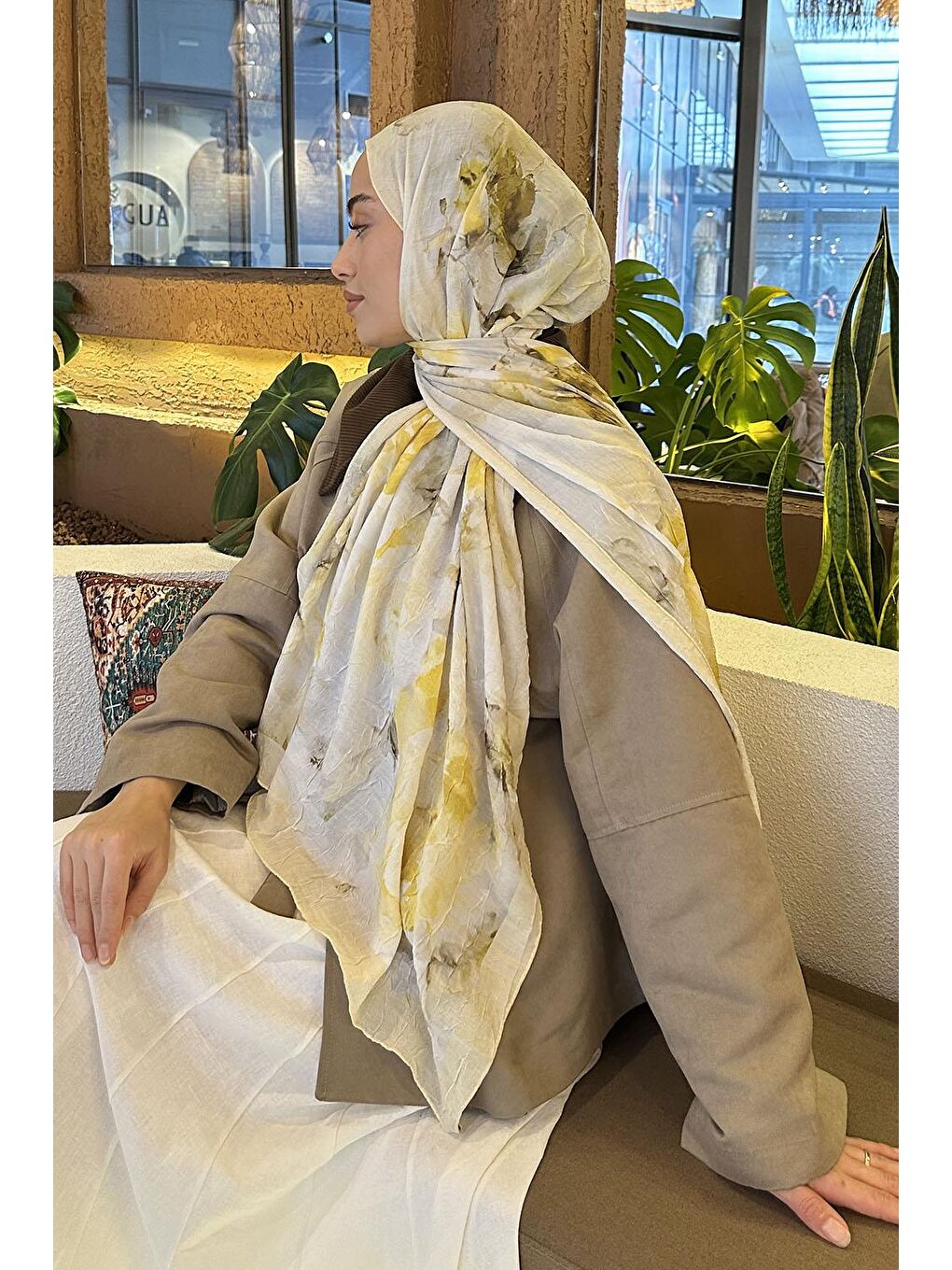 Gül Desen Bambu Şal Sarı-3