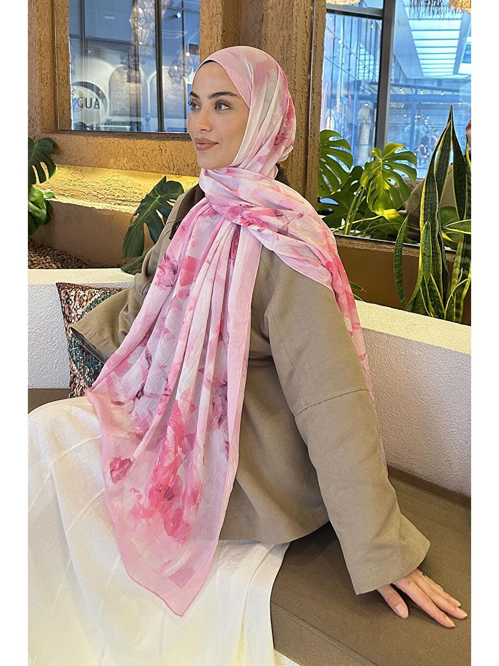 Gül Desen Bambu Şal Şeker Pembesi-2